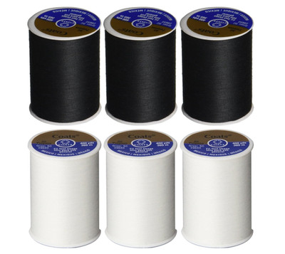 6 Pack Bundle - (3 Black + 3 White) - Coats & Clark Dual Duty All-Purpose Thread