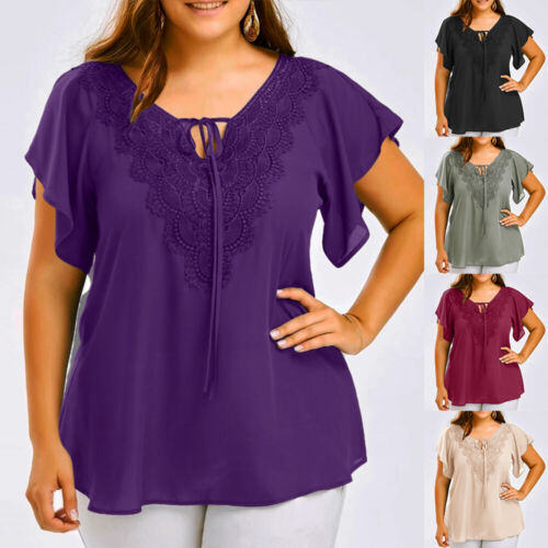 Plus Size Womens Lace Tunic Tops Ladies Short Sleeve Summer Baggy Blouse T-Shirt