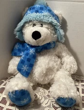 Hugfun International White Snowflake Teddy Bear 18" Plush Blue Hat Scarf Toy
