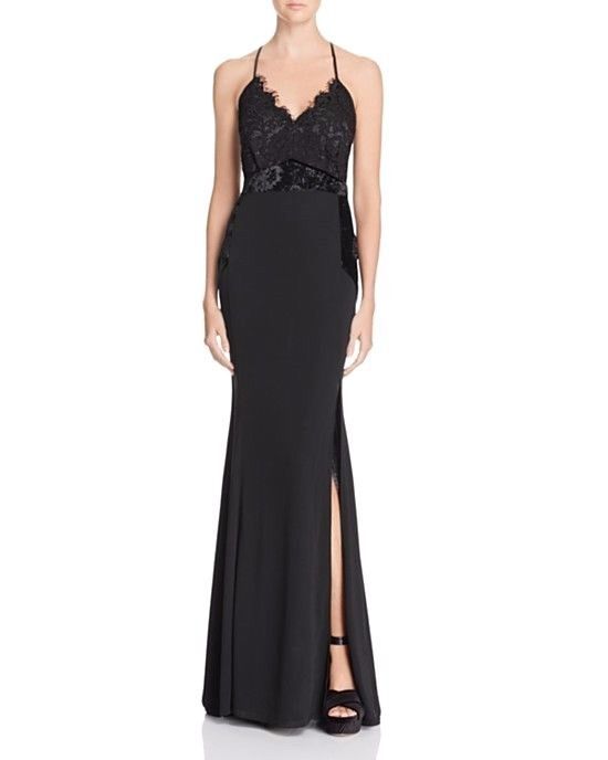 AQUA ~ Black Jersey Velvet & Lace Trim Side Slit Sheath Evening Gown S NEW  $168