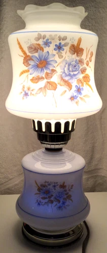 Vintage Table Parlor Lamp White Milk Glass Blue Floral Scalloped Edge 3-Way  17”
