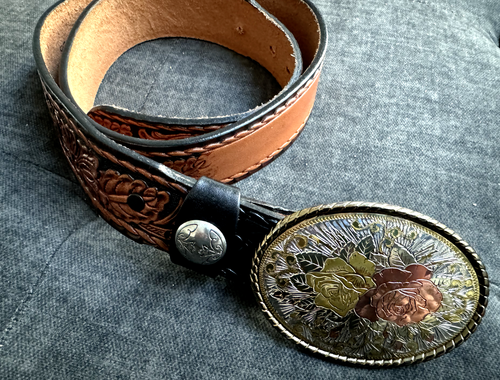 Vintage Western Belt with Rodeo Rose Belt Buckle Size 36 - Picture 2 of 6