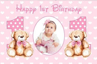 PINK TEDDY BEAR FIRST 1ST PERSONALISED BIRTHDAY PARTY BANNER BACKDROP DECORATION - Bild 1 von 4