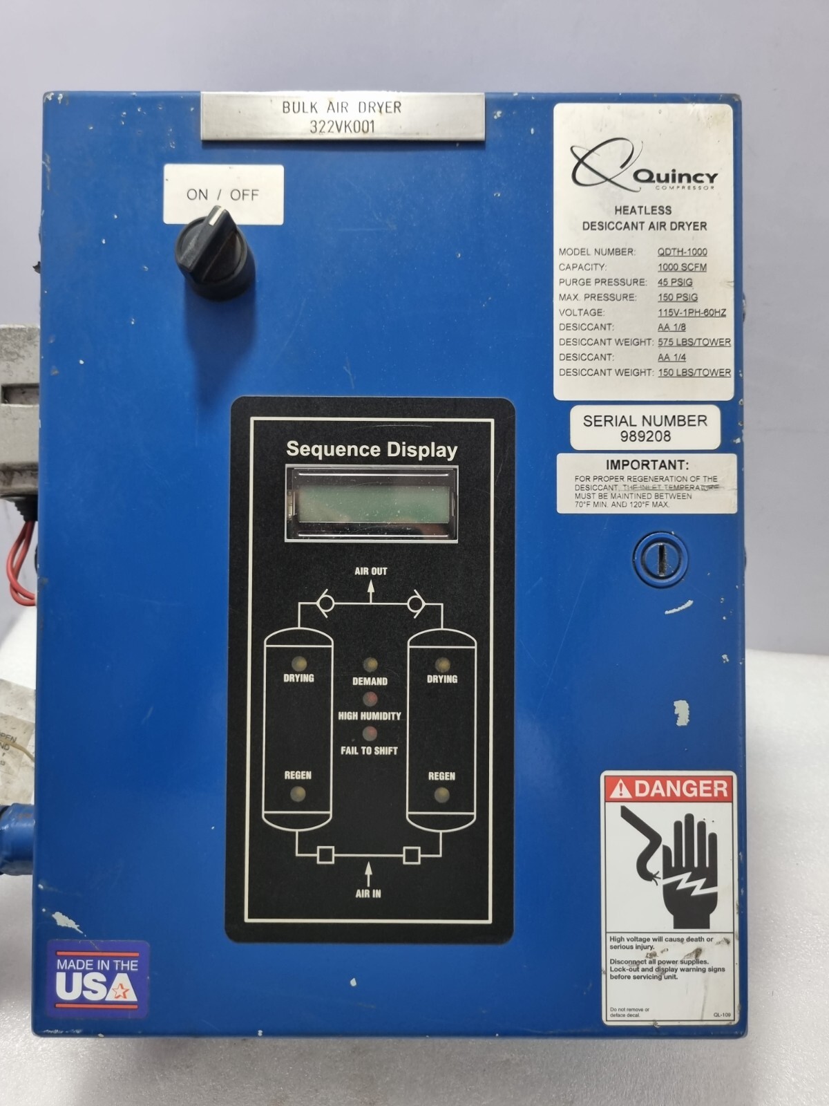 Quincy QDTH1000 Heatless Desiccant Air Dryer 1000 SCFM / Pneuma Tech