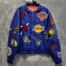 Jeff Hamilton NBA Collage Vegan Leather Jacket Blue Men's Sz XL  NEW 