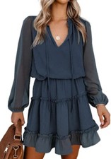 Womens Summer Spring Split V Neck Ruffle Chiffon Elegant Mini Short Skirt Dress