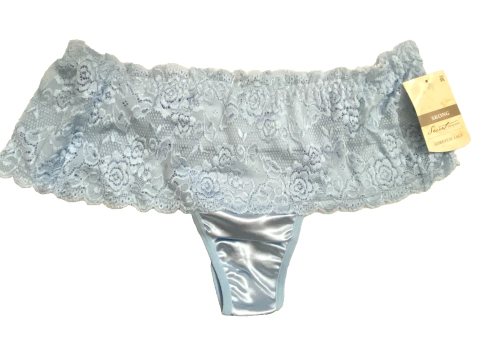 Vtg 5 prs Lt. Blue Second Skin Satin Stretch Lace Thong Panties NWT sz 3x / 10 - Image 2 of 4