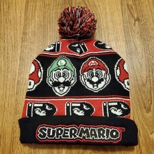 Super Mario Beanie Hat Youth Boys One Size Black Nintendo Mario Luigi