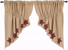 Burlap Natural Cotton Prairie Swag Set Burgundy Stars Adjustable Drawstrings