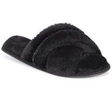 INC Womens Large 9 10 Faux Fur Crossband Slippers Black with Silver Accents