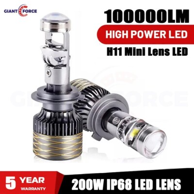 H11 200W Mini Bi LED Projector Lens Headlight Kit 100000LM 6000K 2PCS
