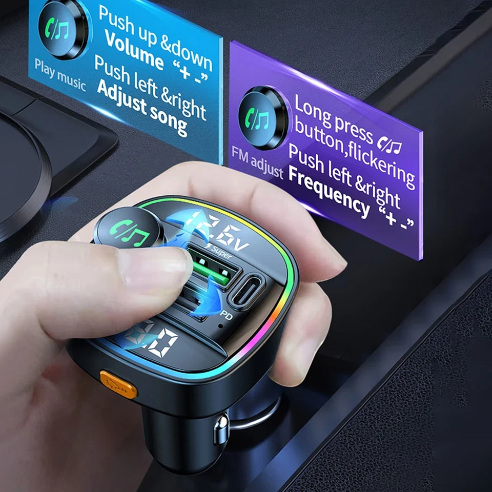 Bluetooth 5.0 Car Wireless FM Transmitter Adapter USB PD Charger AUX Hands LOT - Image 2 of 4