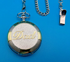 Pocket Watch with Chain "THE GREATEST DAD" Silver Gold Tone New Battery