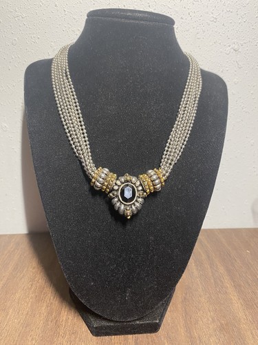 VTG Cookie Lee Necklace Silver Tone Multi Strand Black Faceted Lucite Center - Picture 4 of 15