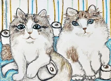 RAGDOLL Hoarding Toilet Paper Art Print 4x6 by Artist KSams Bathroom Cats