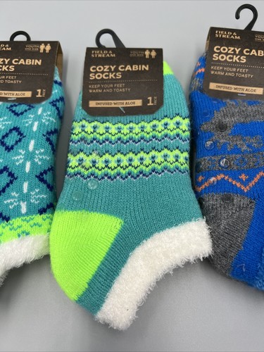 4 Pairs Youth Field & Stream Cozy Cabin Grip Bottom Socks, Aloe Infused, Sz 10-4 - Picture 3 of 14