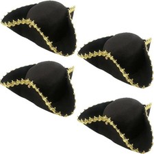 4 Pack Pirate Tricorn Hat Black Colonial Tri-Corner Hat with Gold Trimming fo...