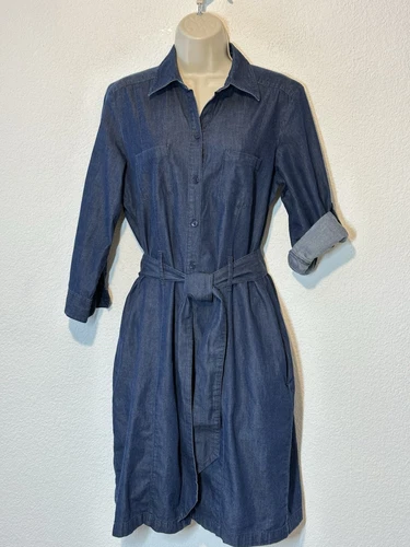 VETEMENTS Camicia leggera denim Foxcroft taglia 8 abito tasche cravatta preppy viaggio casual