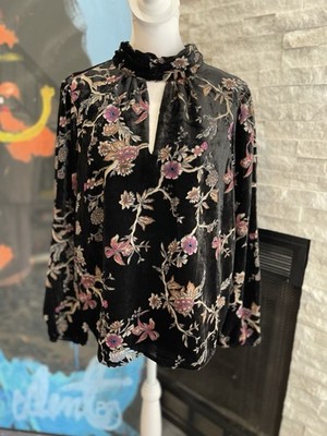NWT Cache Black Floral Velvet Long Sleeve High Collar Blouse Size Small