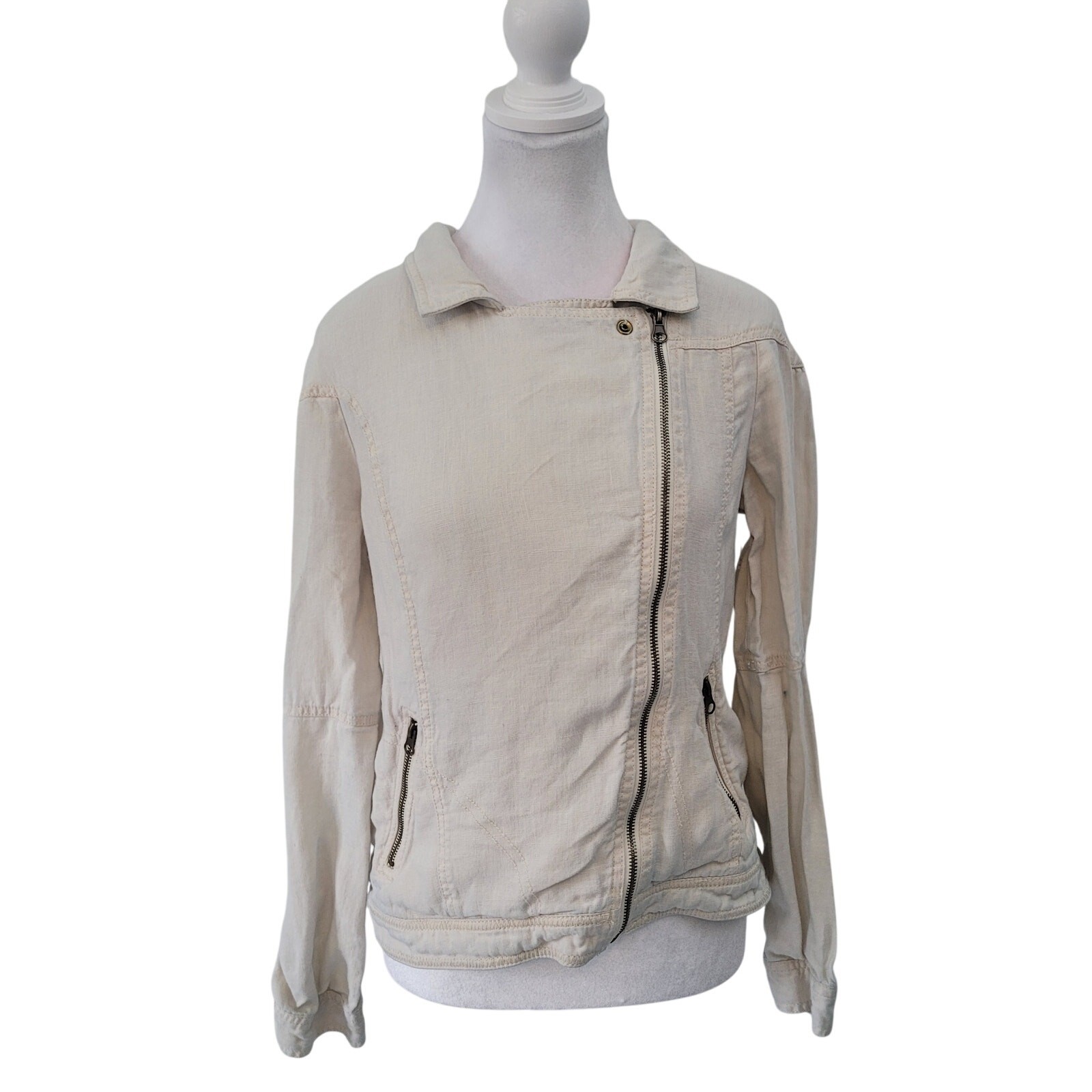 Bar III Size M Linen Asymmetrical Zip Moto Jacket Neutral Edgy Layer