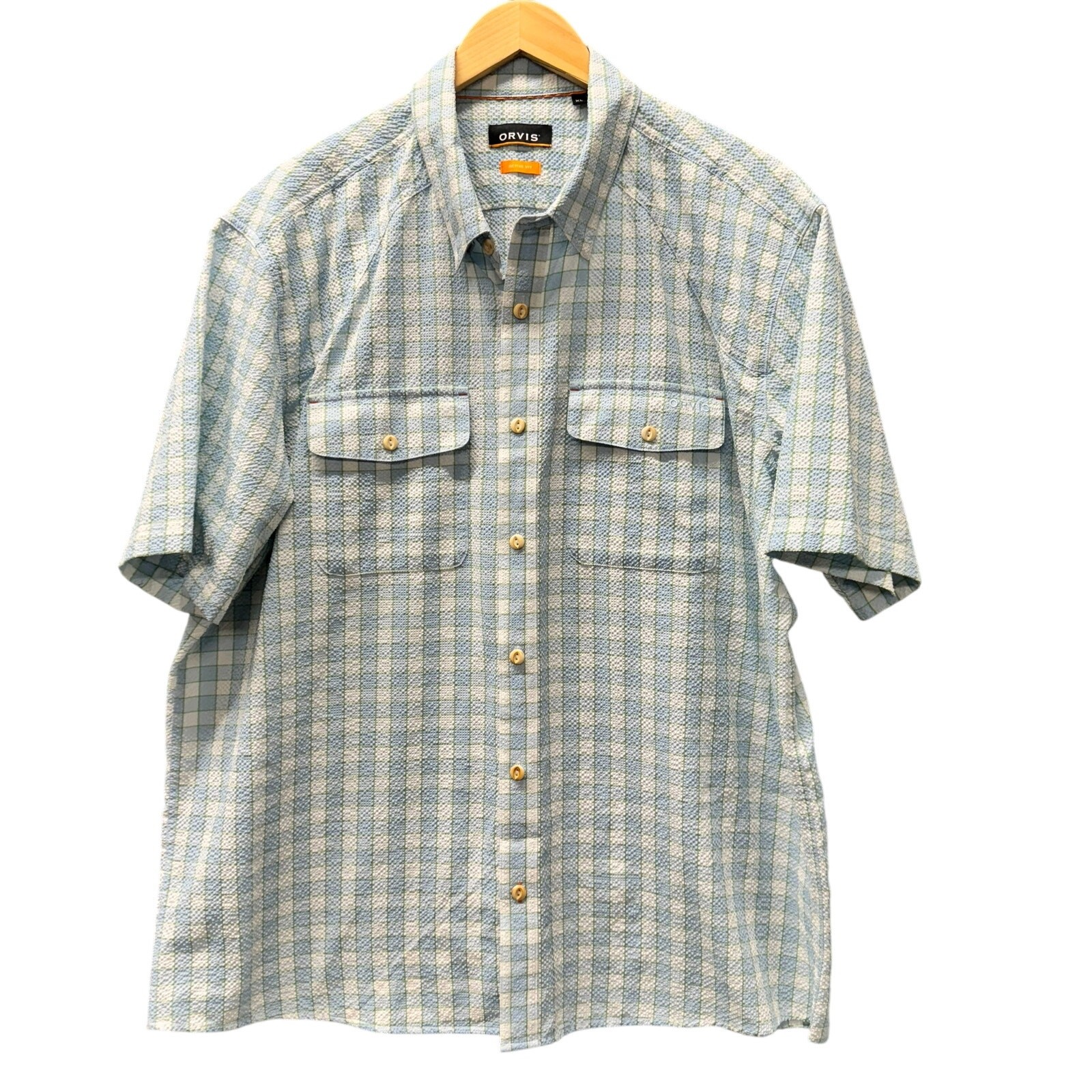 Orvis Shirt Mens XL Blue White Plaid Active Fit Seersucker Textured Button Down