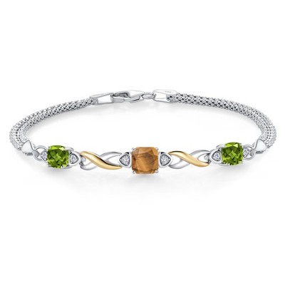 2.29 Ct Brown Tiger Eye Green Peridot 925 Silver and 10K Yellow Gold Bracelet