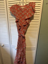 Max Studio Red Floral Long Maxi Sundress Off Shoulder Ruffle Sleeveless M
