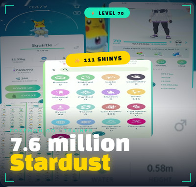Pokémon Go Acc Level 70 +111 Shiny +7.6m Stardust - Male