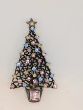 Sweet Romance Christmas Tree Pin Pastel Rhinestones Vintage Signed
