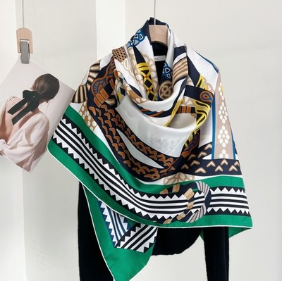 Green Pure Twill Silk Scarf Bandanna Chain Print Square Shawl Large Wrap 53''