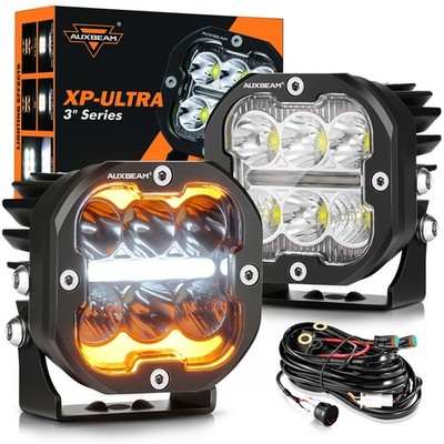 Auxbeam 3 Inch LED Pods Work Light Off Road Driving Lights Amber Turn&White DRL