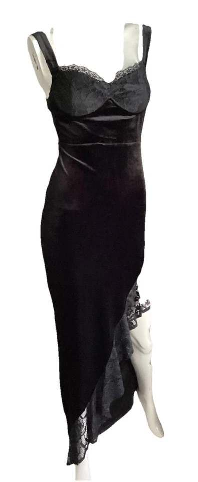 Sexy Vestido Negro De Colección Años 90 Sin Mangas Elastizado Terciopelo Encaje Ranura Alta S/M Foto 2 de 4