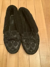 Coach Women Black suede logo leather Slip-On Flat Slippers Carsyn Size 8B