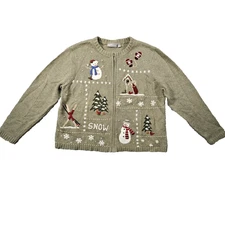 Croft & Barrow Zip Snowman Sweater Womens Petite Large Christmas Holiday Festive