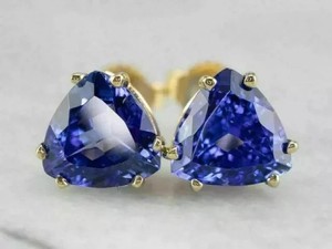 Authentic 2CT Trillion Cut Lab-Created Blue Tanzanite Stud Earrings 14K Yellow Gold Plated