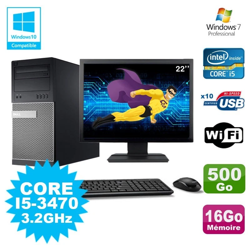 Lot PC Tour Dell 790 Intel I5-3470 3.2Ghz 16Go 500Go DVD WIFI Win 7 + Ecran 22" - Photo 1/1