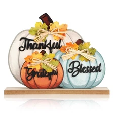 3 Pcs Fall Pumpkin Decor Wooden Table Sign Thankful Blessed Grateful Tabletop...