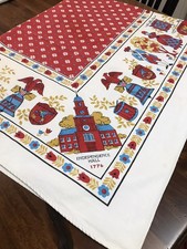 Vintage Linen Tablecloth Patriotic 1776 Independence Hall Red White Blue READ