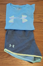 Under Armour Fly By Shorts Blue Shirt Set Youth Medium M 3" Printed Logo