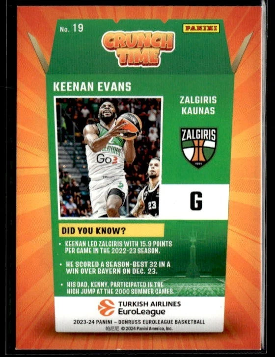 L57,463- 2023-24 Donruss EuroLeague Crunch Time Purple Laser #19 Keenan Evans/99 - Image 2 of 2