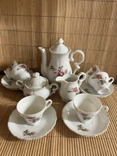 Mid Century Royal Sealy Moss Rose porcelain demitasse tea set.