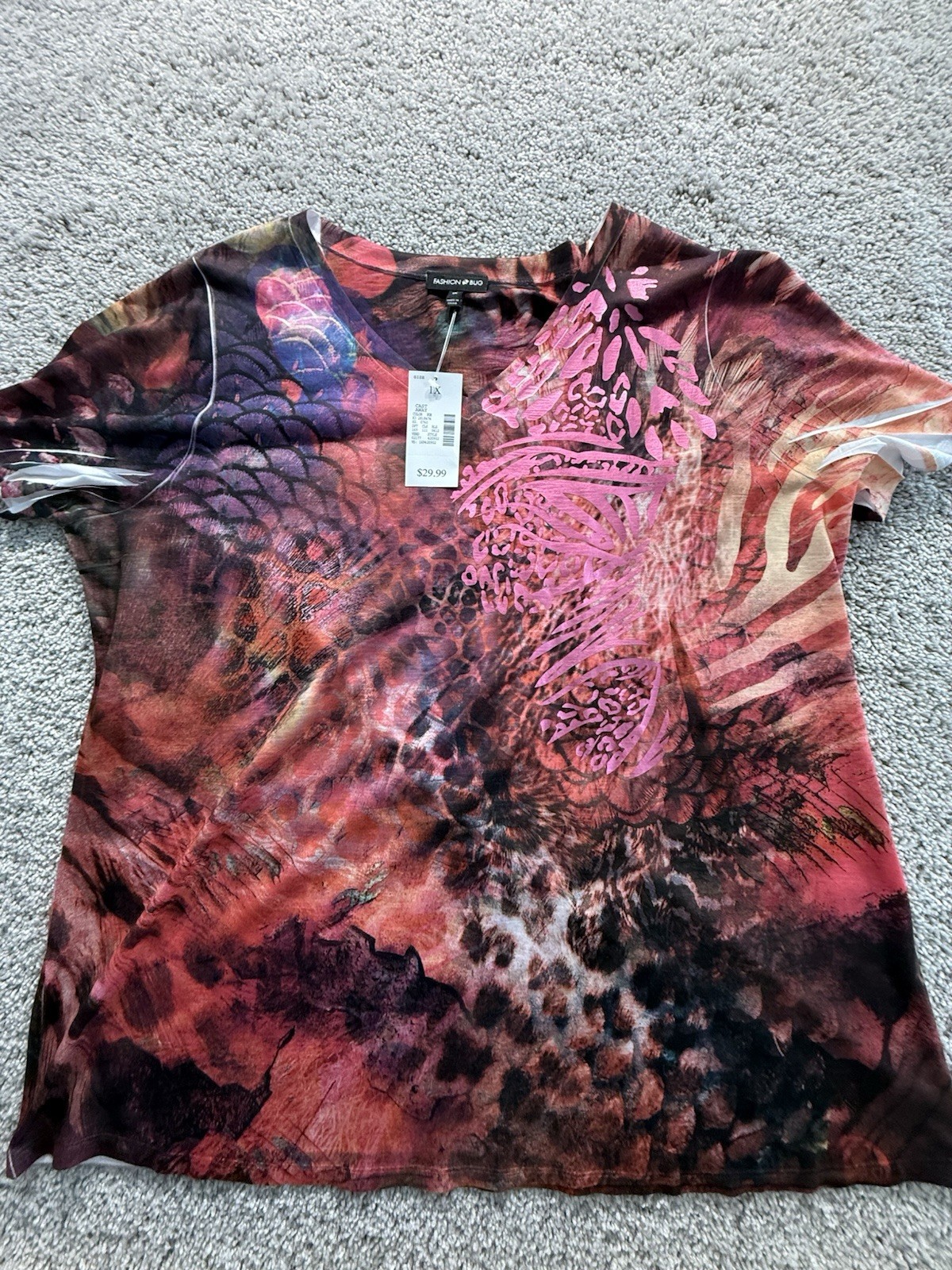 NWT Fashion Bug Women’s 1X Blouse Multicolored Metallic Short Sleeve