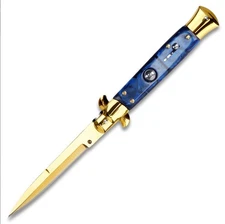 9" Italian Style Stiletto - Gold Edition Blue Handle & Polished Bayonet Blade