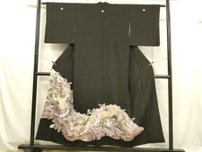 Japanese Kimono Black Tomesode Embroidery Flying Crane Landscape Pure Silk
