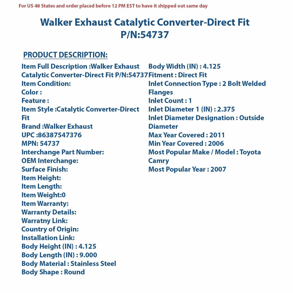 Convertidor catalítico de escape Walker - ajuste directo 54737 Foto 4 de 4