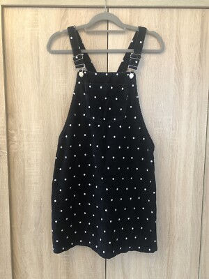 Topshop black and white polka dot cord overall dungaree dress size