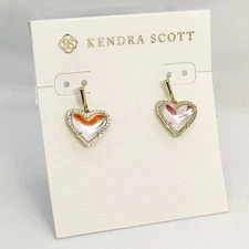 New Kendra Scott Ari Heart Gold Drop Earrings In Dichroic Glass