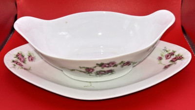 Antique Royal Austria O&EG China Sauce Gravy Boat with Under Plate Rose Pattern