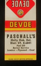 1950s Devoe Paint Paschall's Fuel Oil Lumber Plywood Coal Holly Oak DE Matchbook