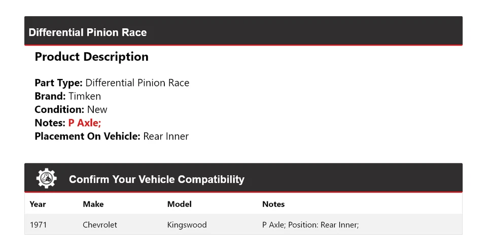 Para Chevrolet Kingswood 1971 Diferencial Piñón Carrera Interior Trasero Timken Foto 2 de 4